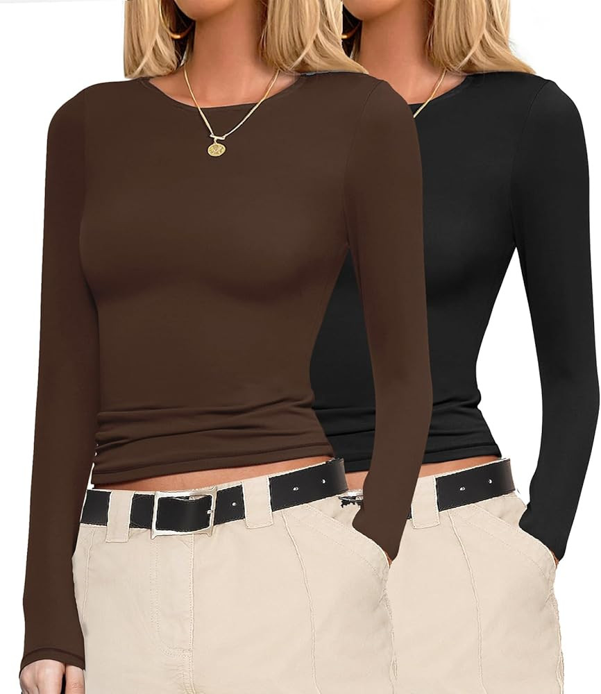 Ekouaer Womens Long Sleeve Shirts Fitted Tops Stretchy Base Layer Tight Basic Thermal Undershirt ... | Amazon (US)