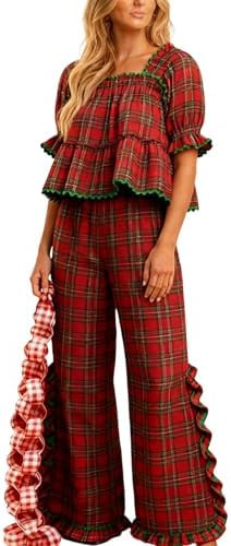 Bocymolay Women Christmas Red Plaid Pajamas Set Gingham Short Sleeve Babydoll Shirt Ruffle Pants ... | Amazon (US)