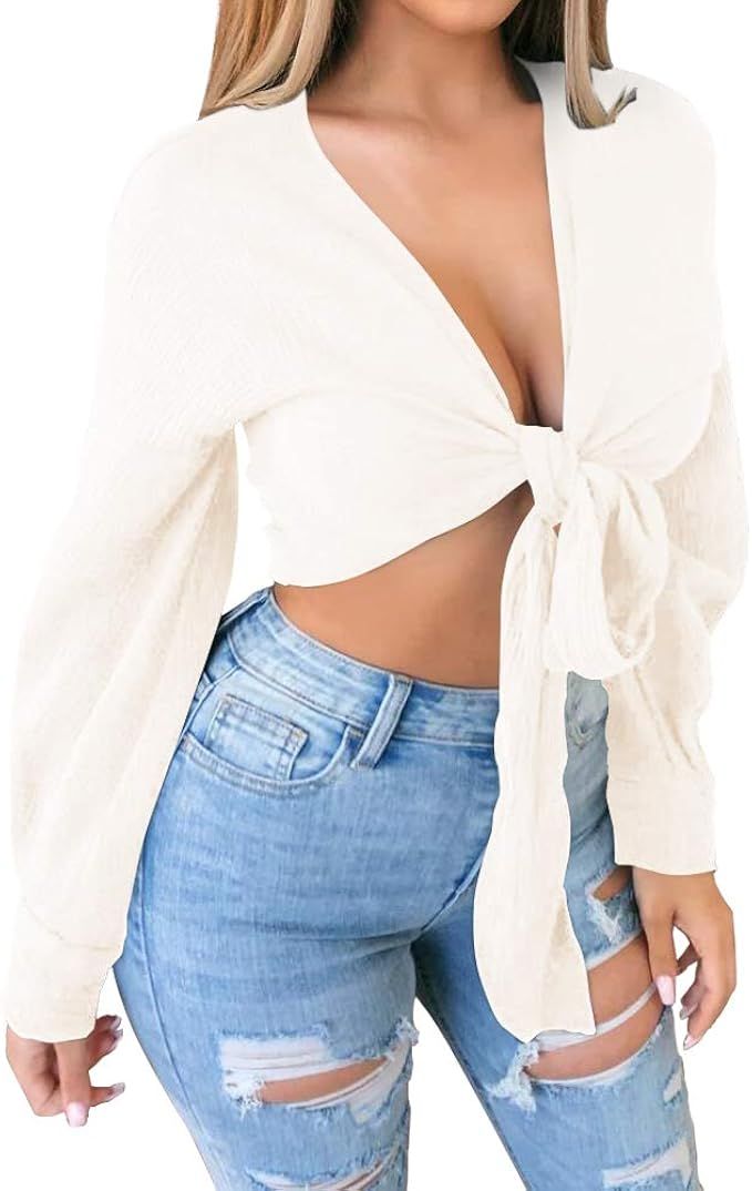 CLOZOZ Women's Sexy Deep V Neck Tie Front Long Sleeve Shirts Crop Top Blouse | Amazon (US)