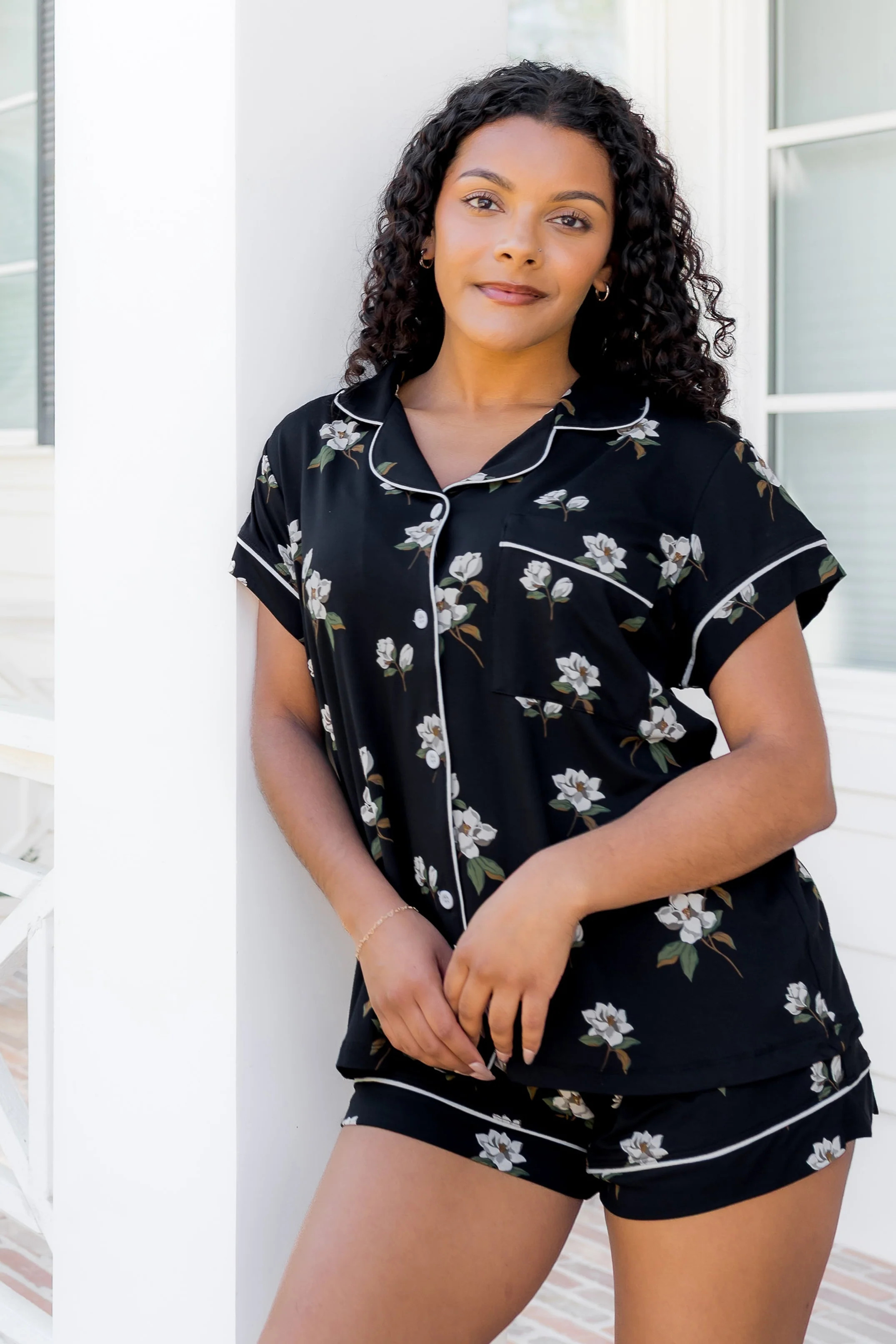 Women's Short Sleeve Pajama Set in Big Midnight Magnolia | Kyte Living