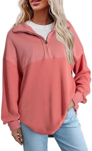 SHEWIN Womens Fall Sweatshirt Casual Waffle Knit Half Zip Pullover Loose Long Sleeve Tops | Amazon (US)