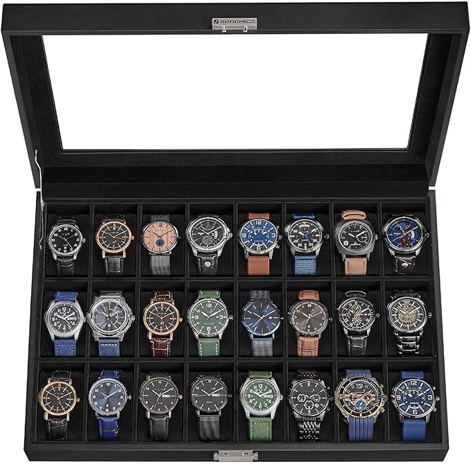 SONGMICS Watch Box, 24-Slot Watch Case, Lockable Watch Storage Box with Glass Lid, Gift Idea, Ink... | Amazon (US)