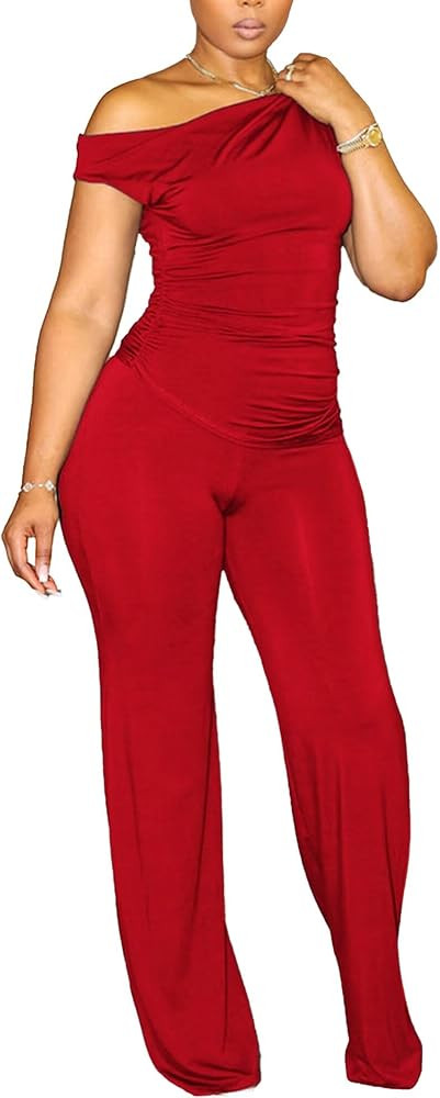 CXXQ 2 Piece Club Outfits for Women Clubwear Sexy Off Shoulder Ruched Crop Tops Bodycon Wide Leg ... | Amazon (US)