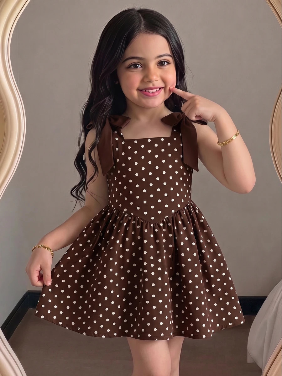 SHEIN Young Girl 3D Jacquard Spaghetti Strap Dress, Textured Jacquard Fabric, Square Neckline, Bow Decor On Shoulders, Cinched Waist, Full Skirt, Soft And Structured, Suitable For Multiple Seasons, Exquisite Jacquard, Perfect For Daily Wear And Party Occasions, Loose Fit, Easy To Style And Care For, Creates A Gentle And Sweet Little Princess Look, Pale Yellow | SHEIN
