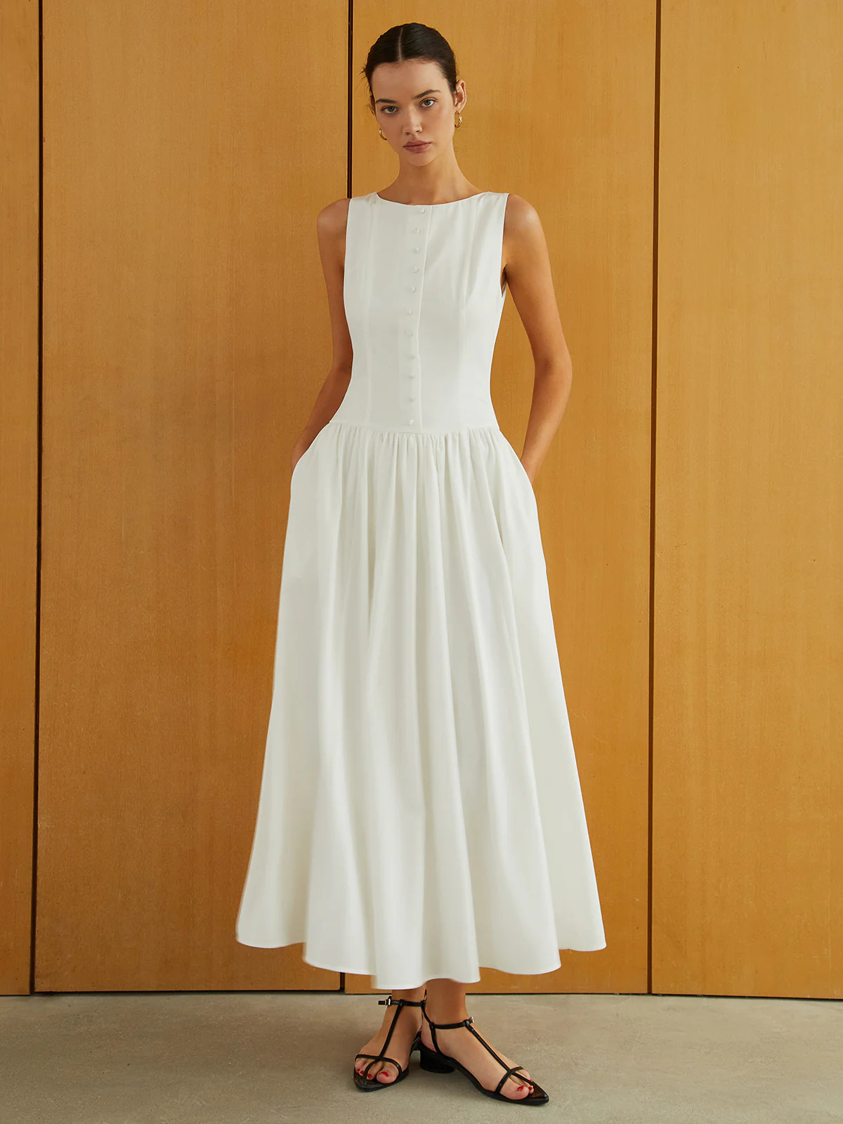 Button-Front Sleeveless Pockets Long Dress | Commense