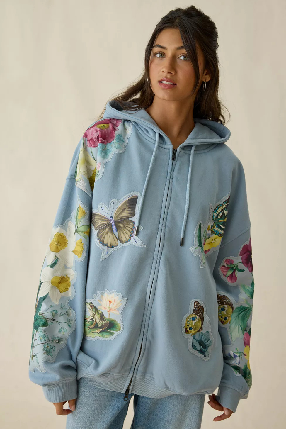 BDG Dusty Blooming Butterflies Patchwork Graphic Oversized Zip-Up Hoodie Sweatshirt | Urban Outfitters (US and RoW)