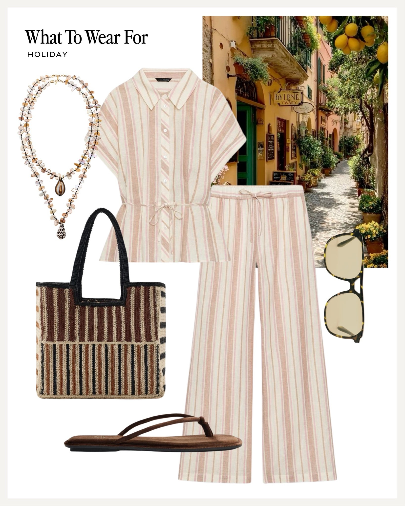 Holiday outfit ☀️ 

Zara new in, linen co-ord, matching set, straw bag, sandals

#LTKsummer