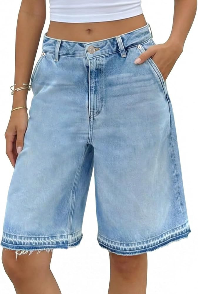 Tankaneo Women Baggy Bermuda Jean Shorts High Waisted Wide Leg Raw Hem Denim Shorts Summer Casual... | Amazon (US)