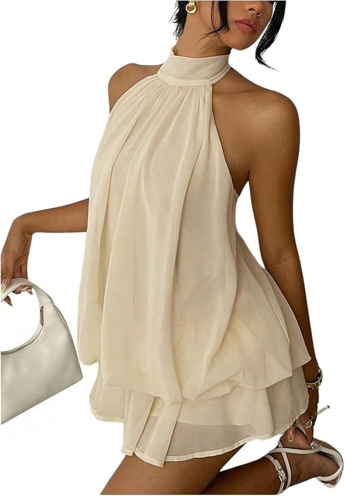 Verdusa Women's Chiffon Halter Drop Waist Wedding Guest Dresses Ruffle Summer Mini Dress Brunch O... | Amazon (US)