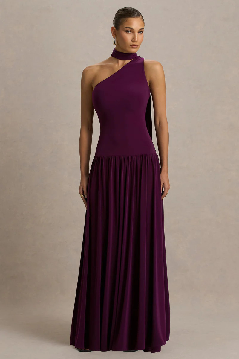 Freesia  Plum Asymmetric-Neck Maxi Dress With Scarf-Detail | Club L London