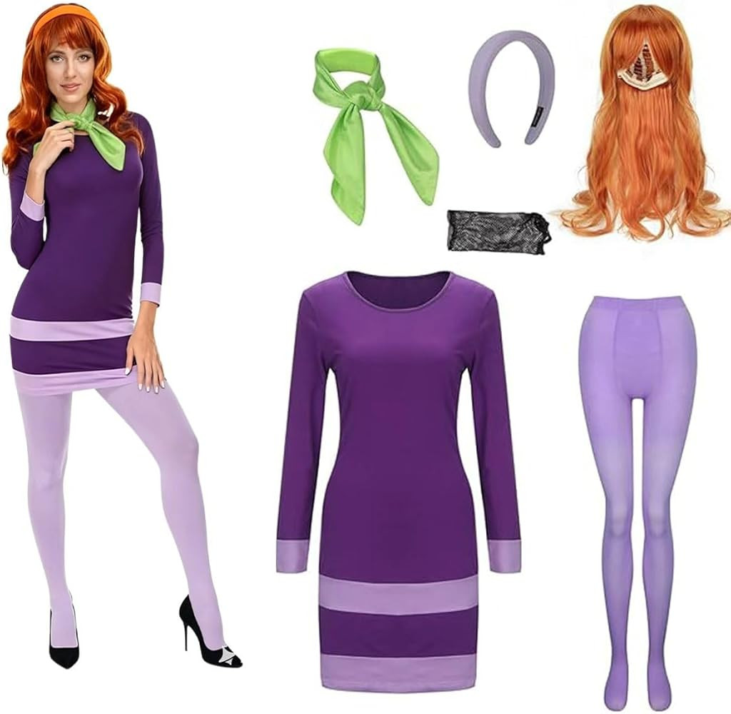 Halloween Women Costume Purple Mini Dress Costume Set with Orange Wig, Green Scarf, Headband, Soc... | Amazon (US)