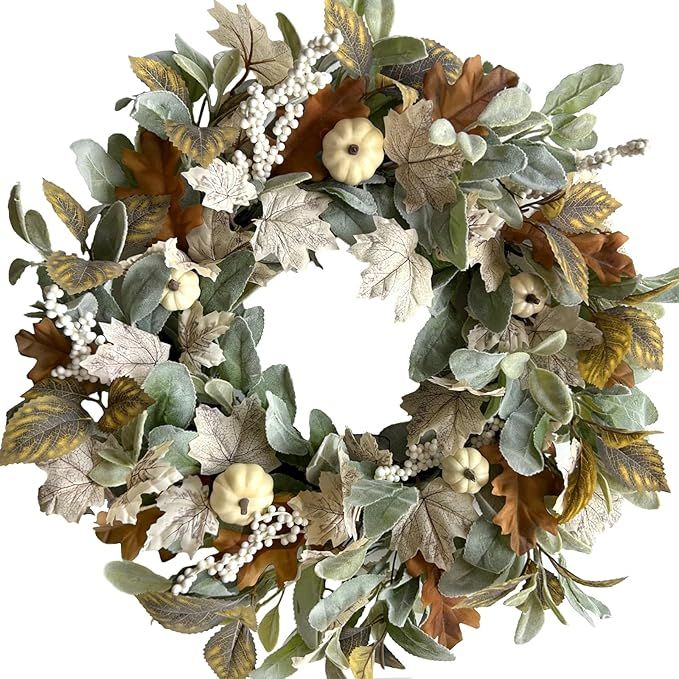 TEMPUS Artificial 20 inch Wreath Fall Maple Leaves Wreath,White Berry with White Pumpkin Wreath f... | Amazon (US)