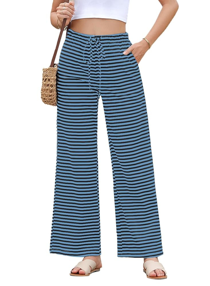 EVALESS Wide Leg Pants for Women Drawstring Elastic Waist Stripe Ribbed Sweatpants with Pockets | Amazon (US)