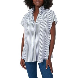 VAOYIU Women's Ruffled Mock Neck Blouse Short Sleeve Button Front Relaxed Fit Shirt | Amazon (US)