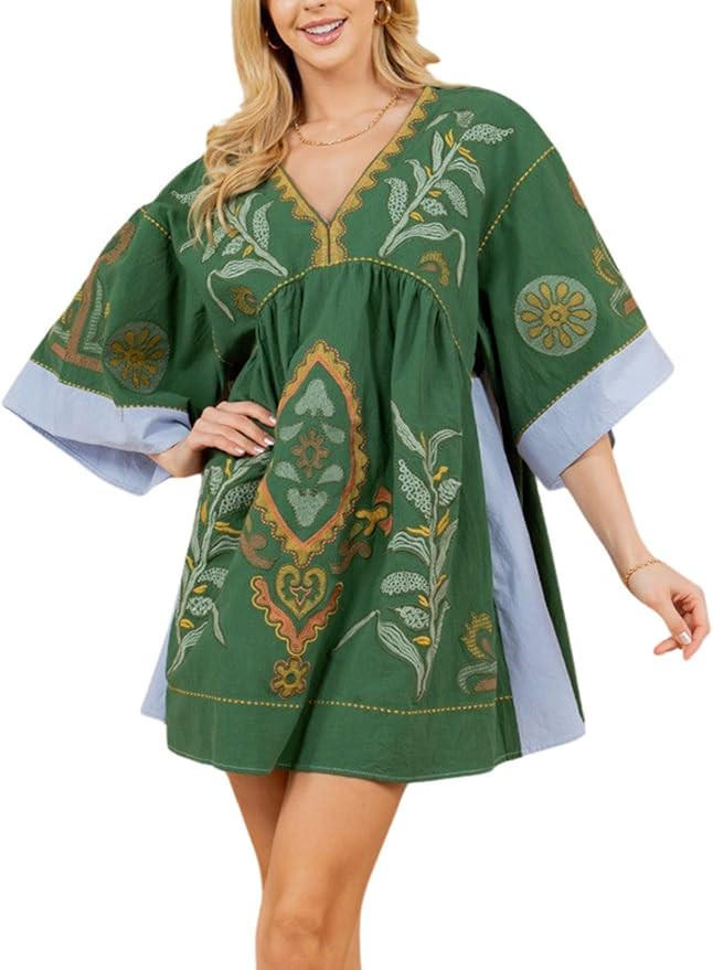 Womens Oversized Embroidered Dress with V-Neck and 3/4 Sleeves Vintage Embroidery Babydoll Dress | Amazon (US)