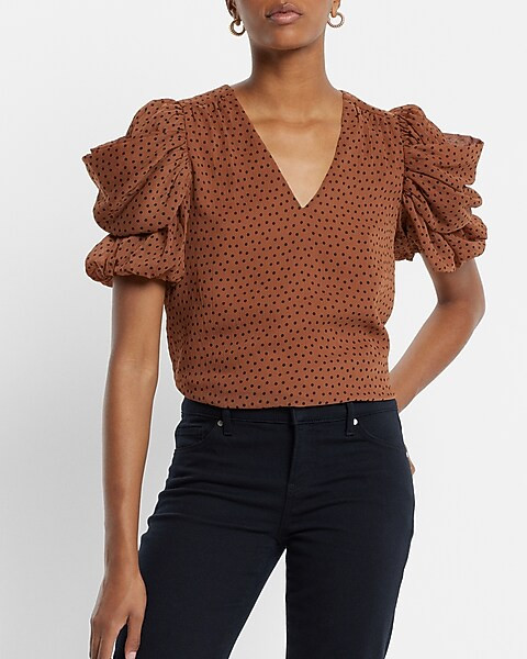Polka Dot V-Neck Puff Draped Sleeve Top | Express