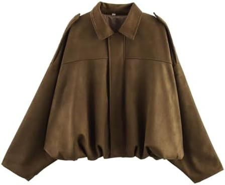 Womens Suede Zip Up Bomber Jacket Oversized Long Sleeve Pleated Pilot Coat 2025 Casual Fashion Fa... | Amazon (US)