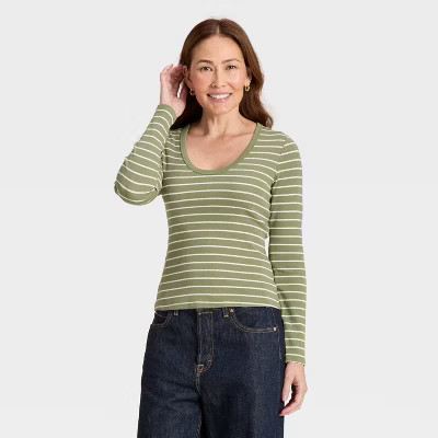 Women's Slim Fit Long Sleeve Scoop Neck Ribbed T-Shirt - Universal Thread™ Olive Green Striped XL | Target
