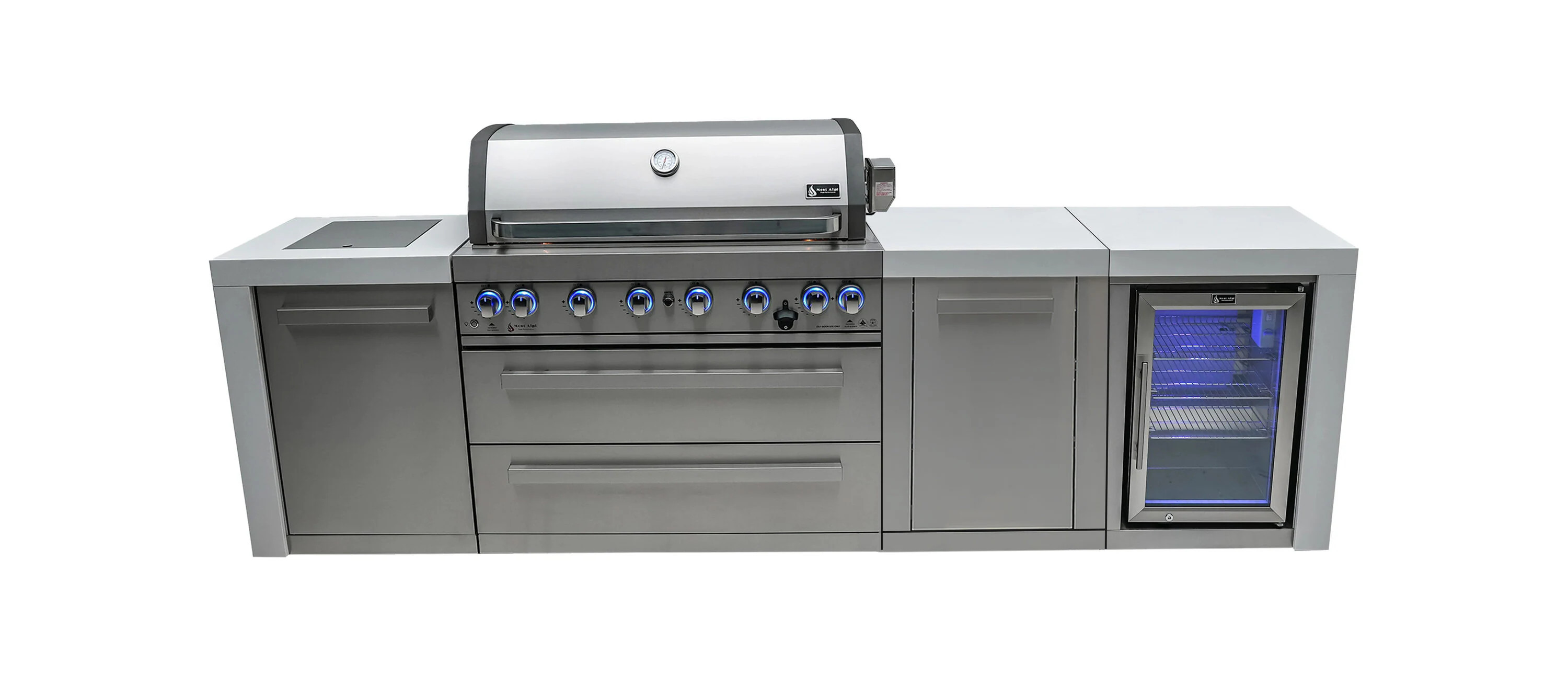 Mont Alpi 805 Deluxe XL Series 119-in W White / Stainless Steel Grill island Modular Outdoor Kitchen 8 -Burners 4 -Doors 2 -Drawer | MAI805-DFC-EXC | Lowe's