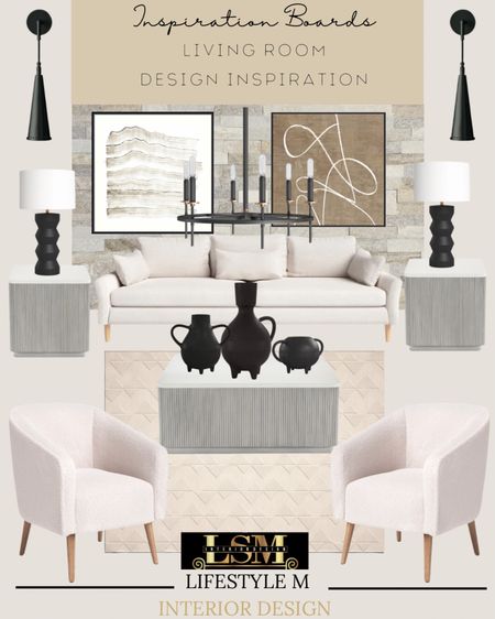 Contemporary living room design style. Recreate the look at home by shopping the exact pieces. White sofa, white accent arm chairs, living room rugs, coffee table, end tables, black table vase, table lamps, stone accent wall tiles, wall art, black wall sconce lights, wheel chandelier light. 

#LTKSeasonal #LTKstyletip #LTKhome