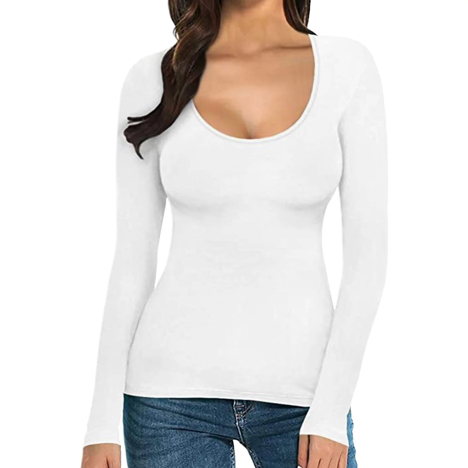 Lixiuxyad Women Fashion Tight Solid Round Neck Long Sleeve T Shirt Top White | Walmart (CA)