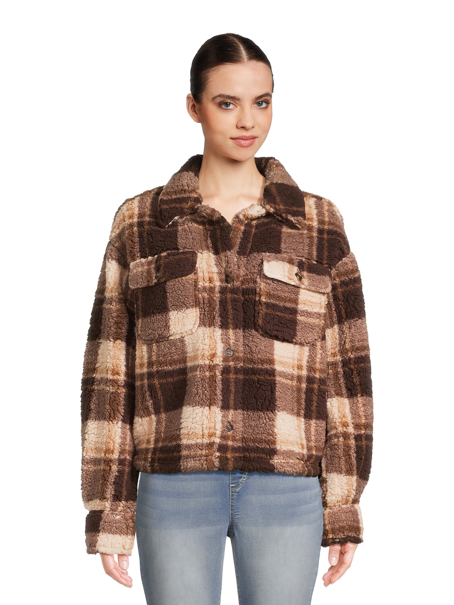 No Boundaries Juniors Plaid Faux Sherpa Shacket, Sizes XS-XXXL | Walmart (US)