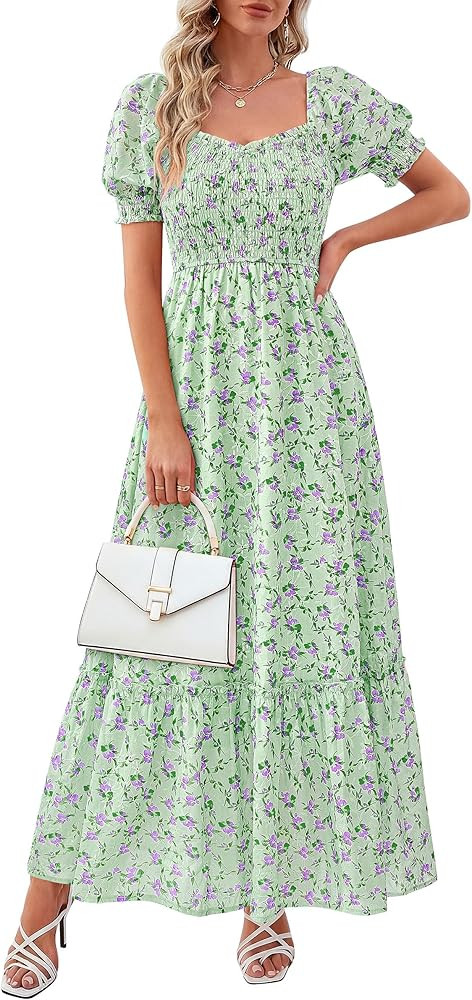 PRETTYGARDEN Women's Floral Boho Maxi Dresses Flowy Short Sleeve A Line Smocked Eyelet 2026 Summe... | Amazon (US)