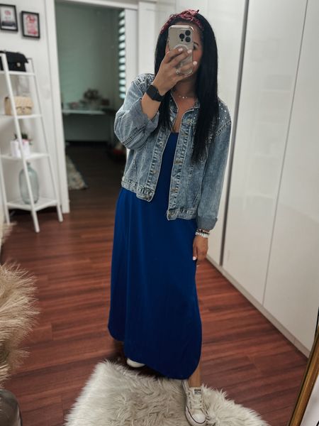 Red white blue outfit. Merica party outfit. Blue maxi dress. Pearl jean jacket. Converse. Red headband. 

#LTKparties #LTKSeasonal #LTKstyletip