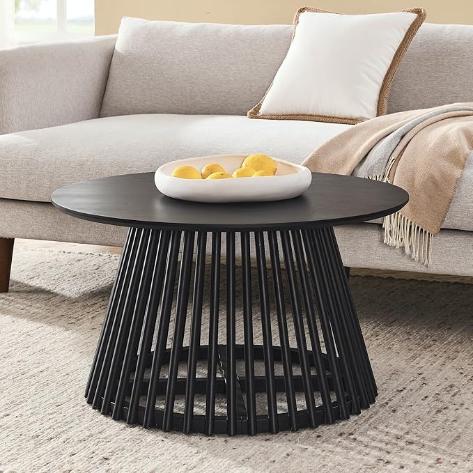 31.50" Round Wood Coffee Table,Modern Minimalist Black Circle Coffee Table with Solid Wood Base, ... | Amazon (US)
