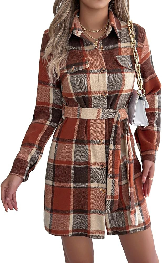 IDEALSANXUN Womens Plaid Shirt Dresses Fall Winter Long Sleeve Mini Dress with Belt | Amazon (US)