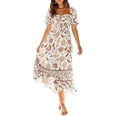 ZESICA Women's 2025 Summer Boho Floral Print Square Neck Ruffle Swing Beach Long Maxi Dress | Amazon (US)
