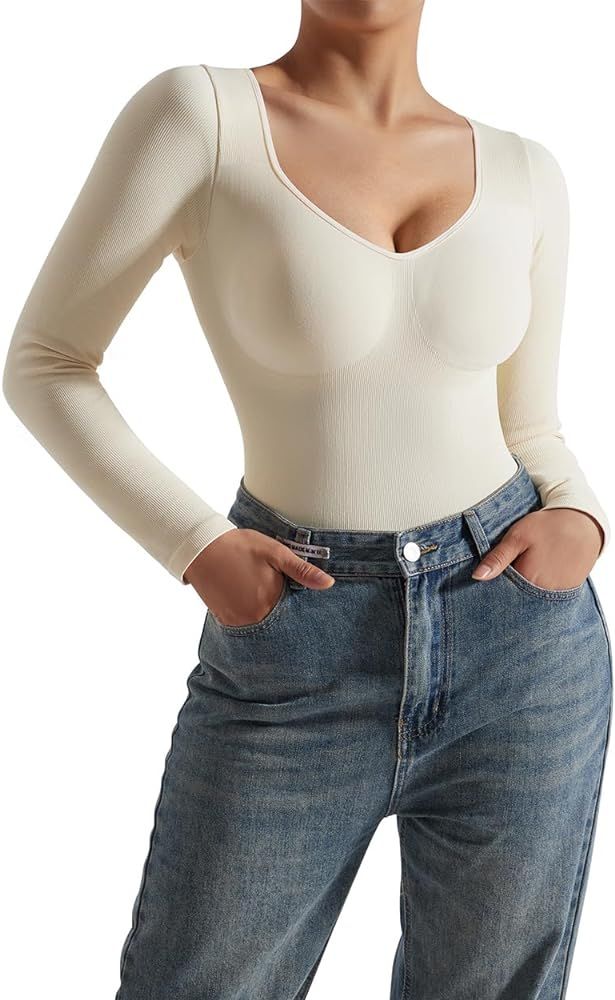 SUUKSESS Sweetheart V Neck Long Sleeve Bodysuit Ribbed Compression Bodysuits | Amazon (US)