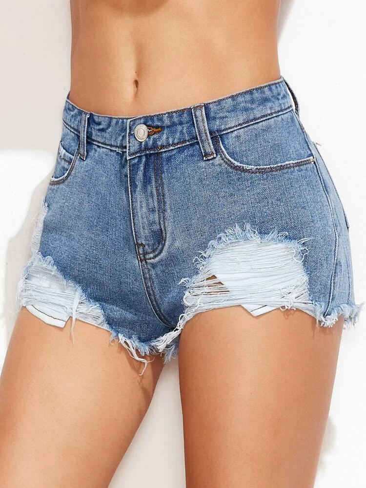 SHEIN Distressed Frayed Raw-Cut Denim Shorts | SHEIN
