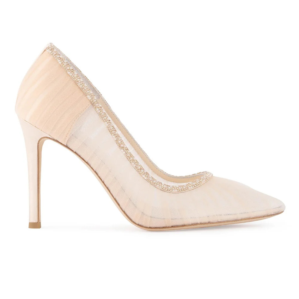 Crystal Embellished Pleated Tulle Blush Sheer Pumps | Bella Belle Shoes