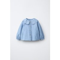 Zara - Embroidered Peter Pan Collar Shirt - Mid-Blue - 9-12 Months (31,5 Inches) - Kids | Zara US