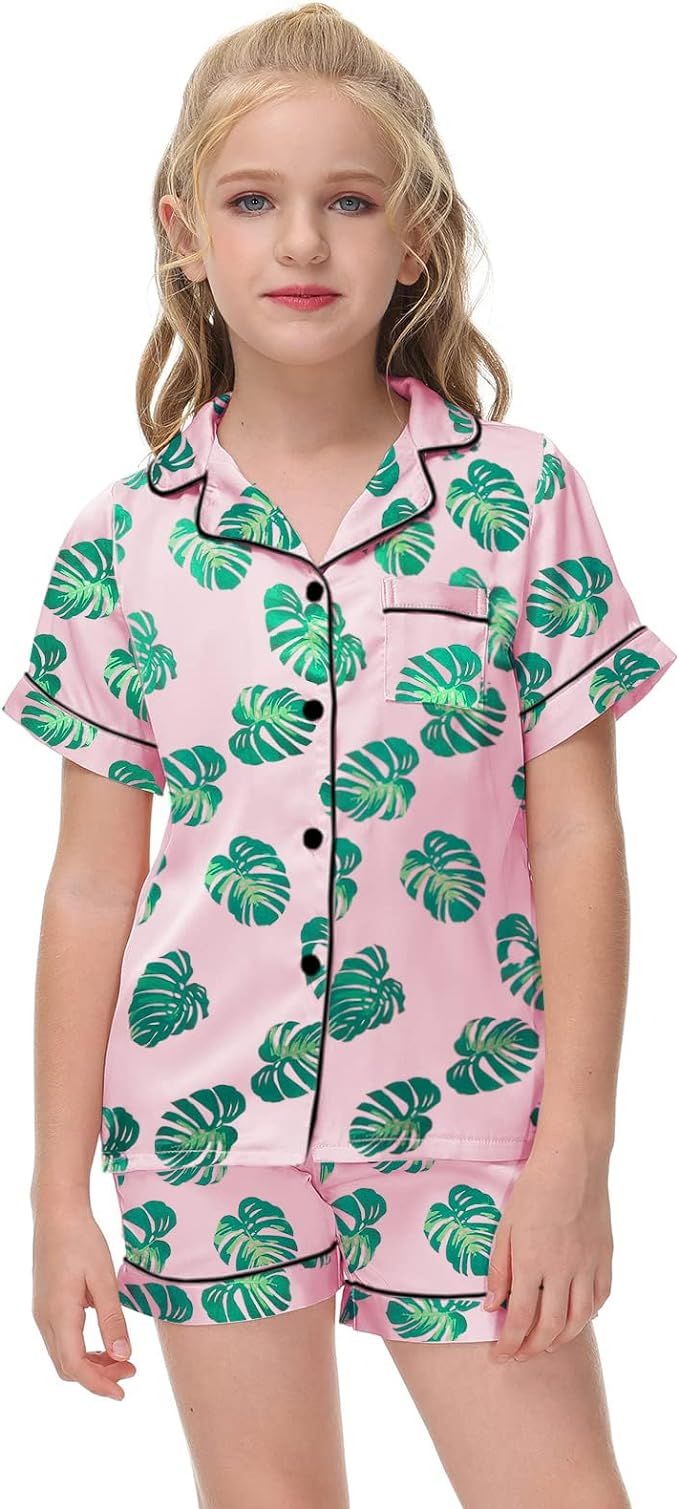 Veseacky Unisex Satin Pajamas Set Boys Girls Silk Pjs Short Sleeve 2 Piece Sleepwear Button-Down ... | Amazon (US)