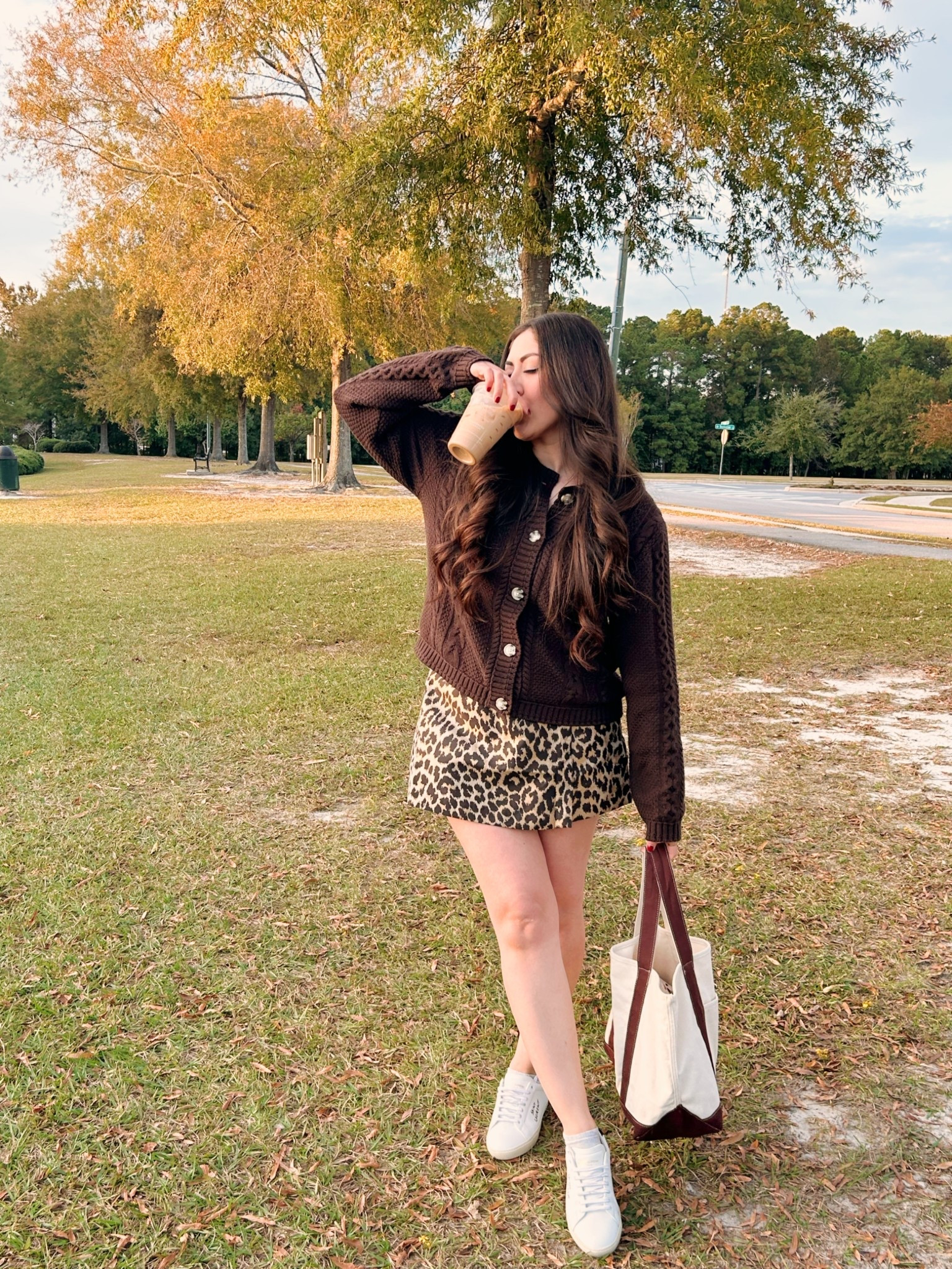 Fall outfit
Cable Knit brown cardigan 
Leappard print skort 
Saint Laurent sneakers
Teddy bear tote bag 

#LTKSeasonal #LTKStyleTip