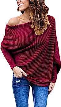 GOLDSTITCH Women's Off Shoulder Batwing Sleeve Loose Pullover Sweater Knit Jumper Oversized Tunic... | Amazon (US)