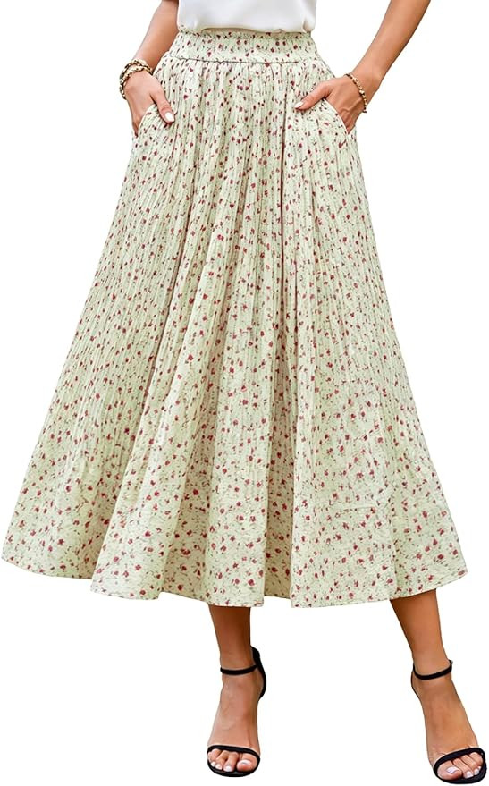BAISHENGGT Womens Midi Skirt Summer Casual Floral Pleated A-Line Flowy Long Skirts with Pockets f... | Amazon (US)