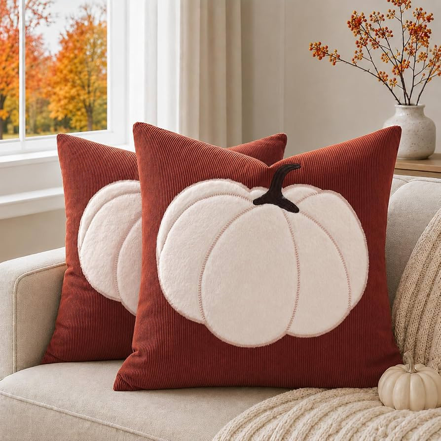 Fall Pumpkin Throw Pillow Covers 18x18 Set of 2, Soft Corduroy Decorative Pillow Covers with Plus... | Amazon (US)