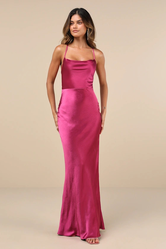 Inspire Romance Magenta Satin Cowl Neck Lace-Up Maxi Dress | Lulus