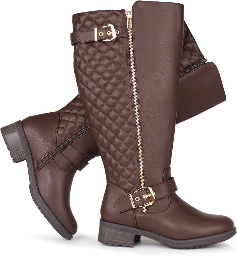 Damen-Reitstiefel mit extra breiter Wade, kniehoch, Retro-Doppelschnalle, schicker Stil, Herbstst... | Amazon (DE)