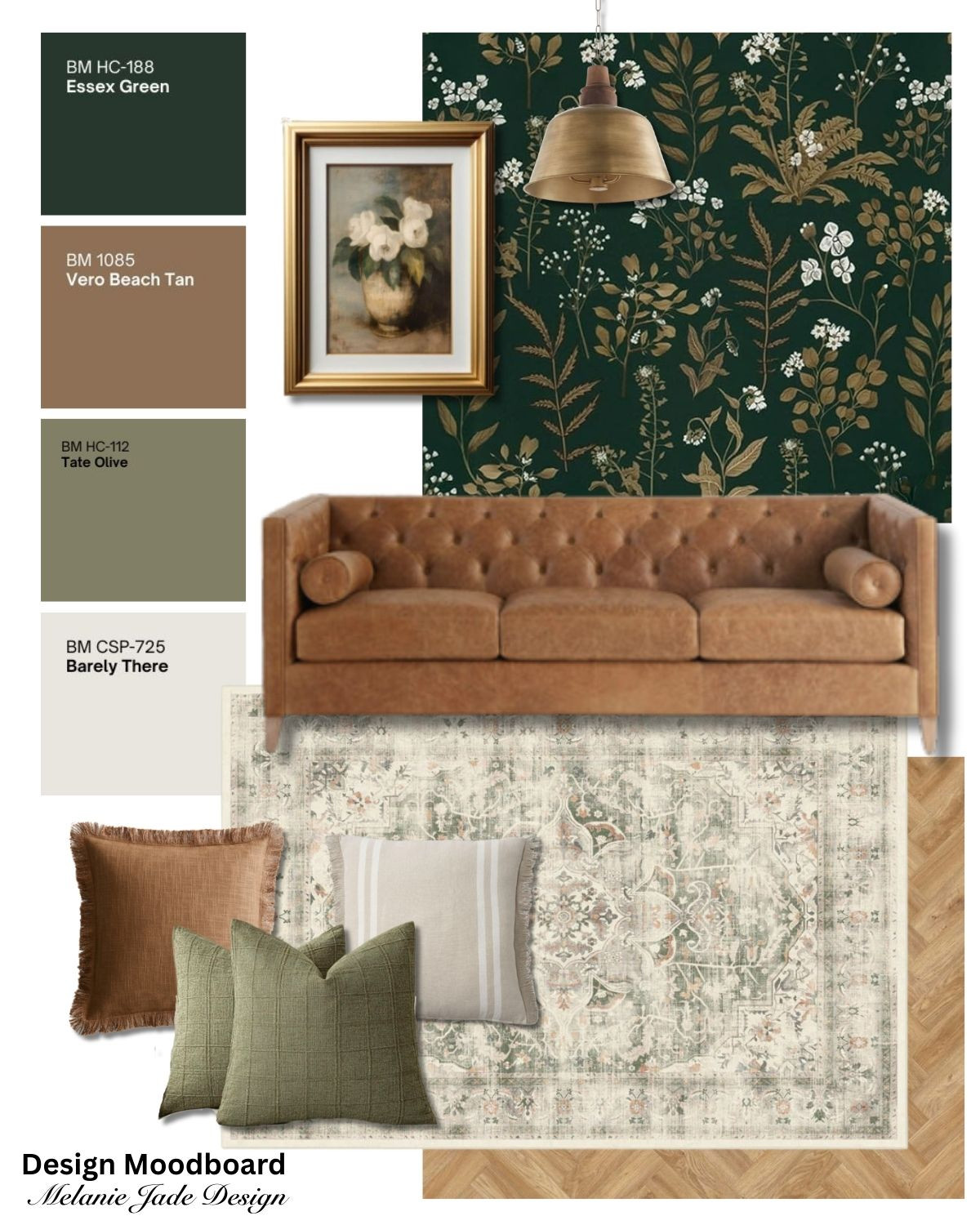 Dark and sage greens with a tan leather sofa create a cozy and nature-inspired vibe in this living room. 
Link to wallpaper >>> https://amzn.to/4rfeNaj 

 #LTKhome #LTKmodest #LTKstyletip