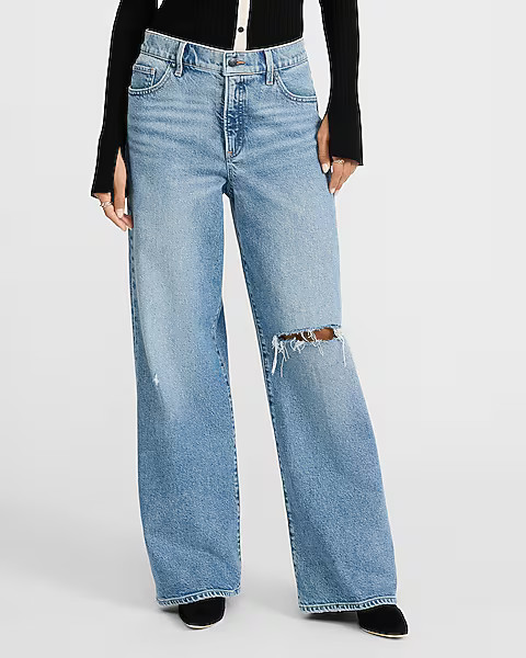 High Waisted Light Wash Ripped Wide Leg Jeans | Express