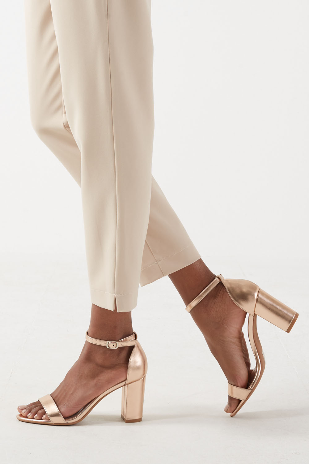 Tyla Leather Look Block Heel Sandals in Champagne | iCLOTHING