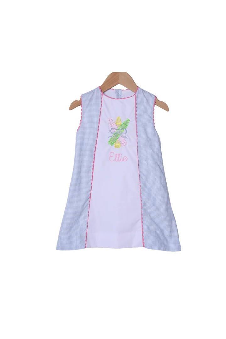 Applique Crayon Blue Gingham Dress | The Smocked Flamingo