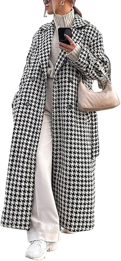 chouyatou Women's Double Breasted Houndstooth Plaid Wool Coat Notch Lapel Maxi Long Trench Pea Co... | Amazon (US)