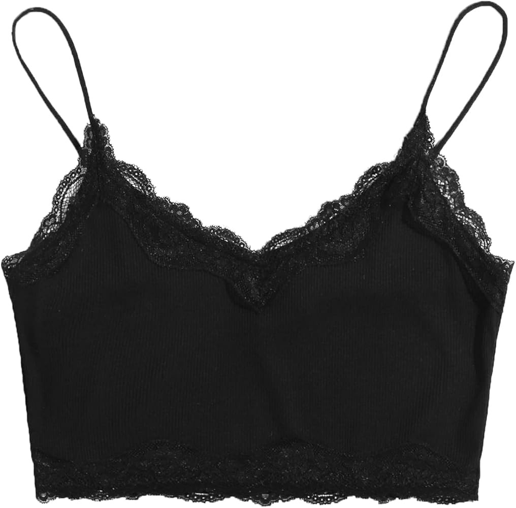 Verdusa Women's V Neck Spaghetti Strap Lace Trim Crop Cami Top Black M | Amazon (US)