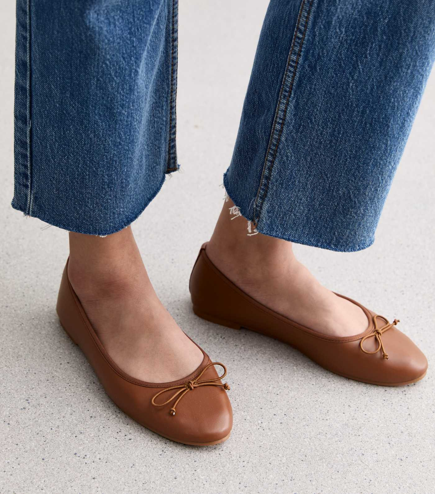 Tan Bow-Trim Flat Leather-Look Ballerina Shoes  | New Look | New Look (UK)