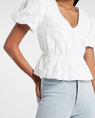 Eyelet Lace Puff Sleeve Peplum Top | Express